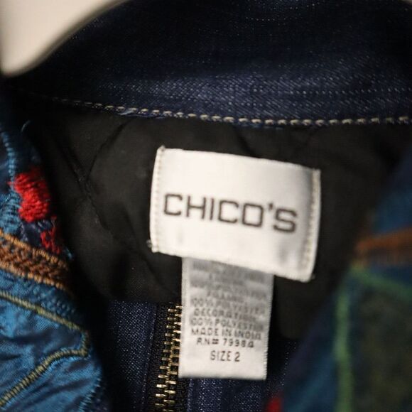 Chico's Women's Sz 2 (L/12) Multi Floral Embroidered Lined Denim Jacket $159 - Picture 3 of 15